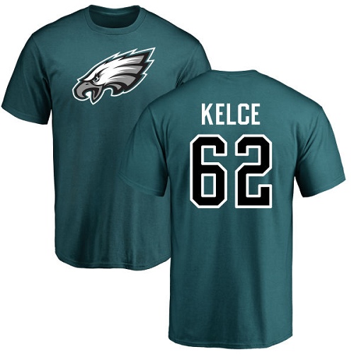 Men Philadelphia Eagles #62 Jason Kelce Green Name and Number Logo NFL T Shirt